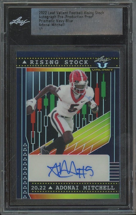 Adonai Mitchell 2022 Leaf Valiant Stock Rising Pre-Prod Auto Navy #1/1