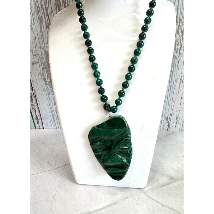 Vintage Artisan Carved Tribal Mask Malachite Stone Beaded Necklace Set 17