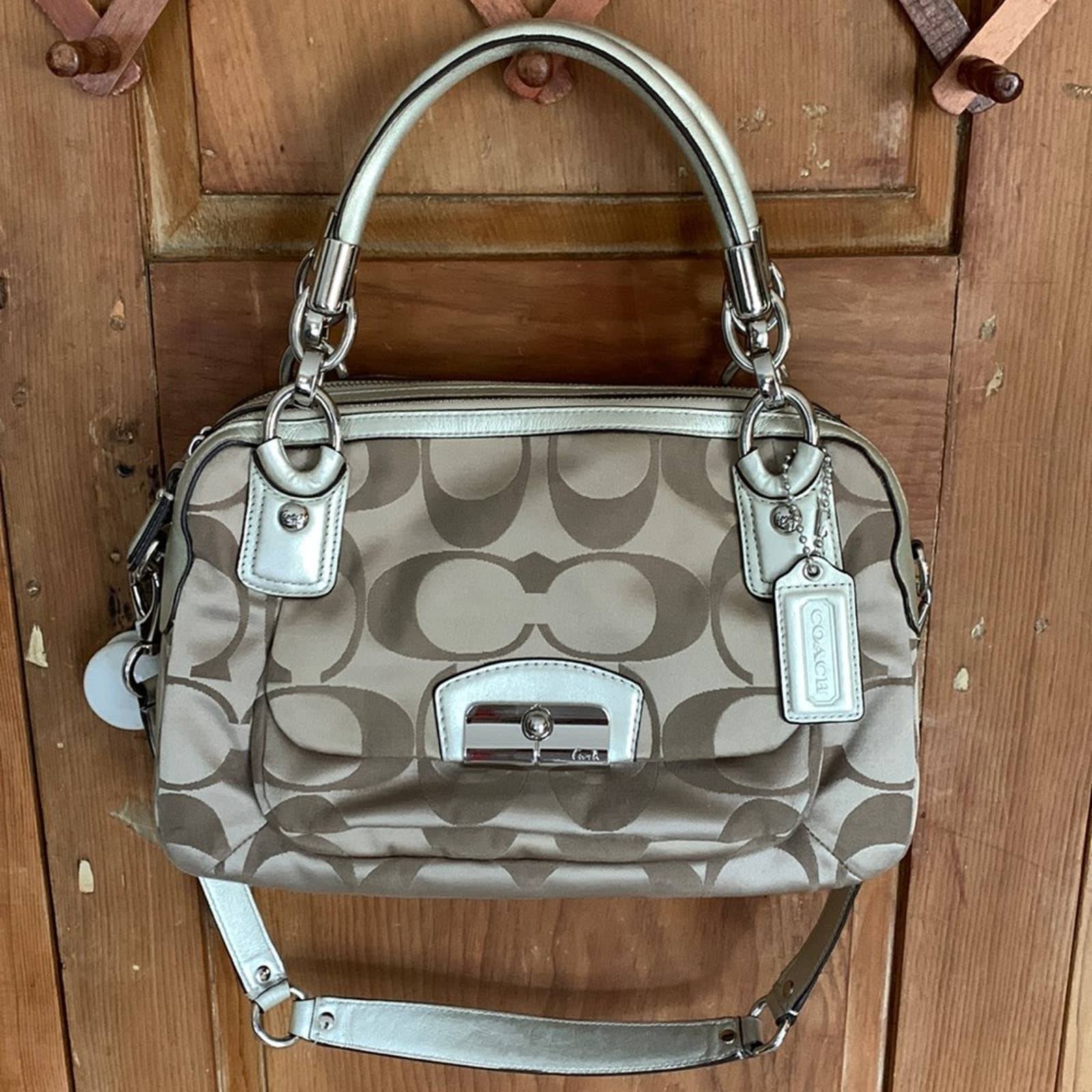 Coach Kristen Signature cream jacquard silver leather shoulder bag