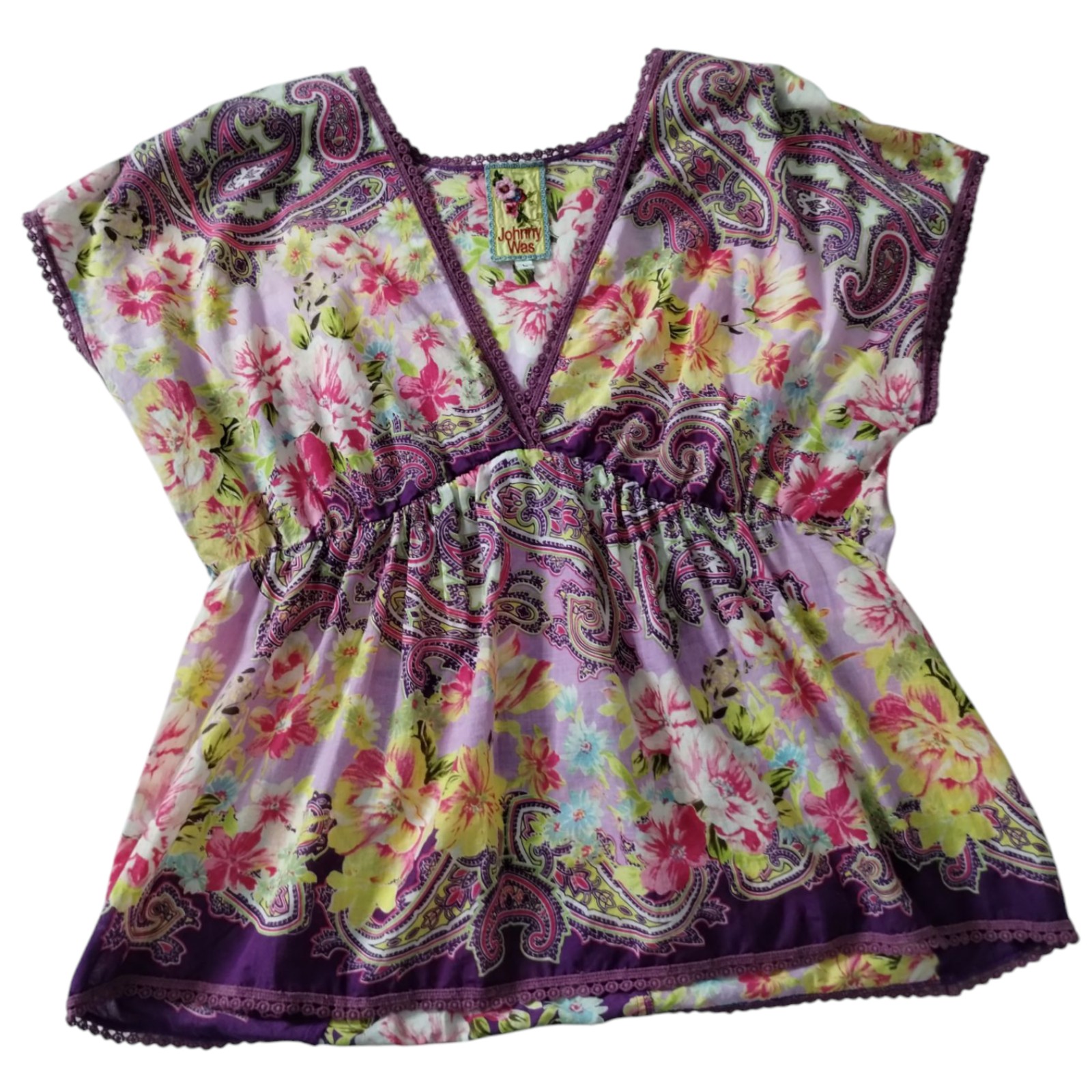 Johnny Was Women's Boho Floral Paisley Babydoll Top Size L Romantic Lace Spring