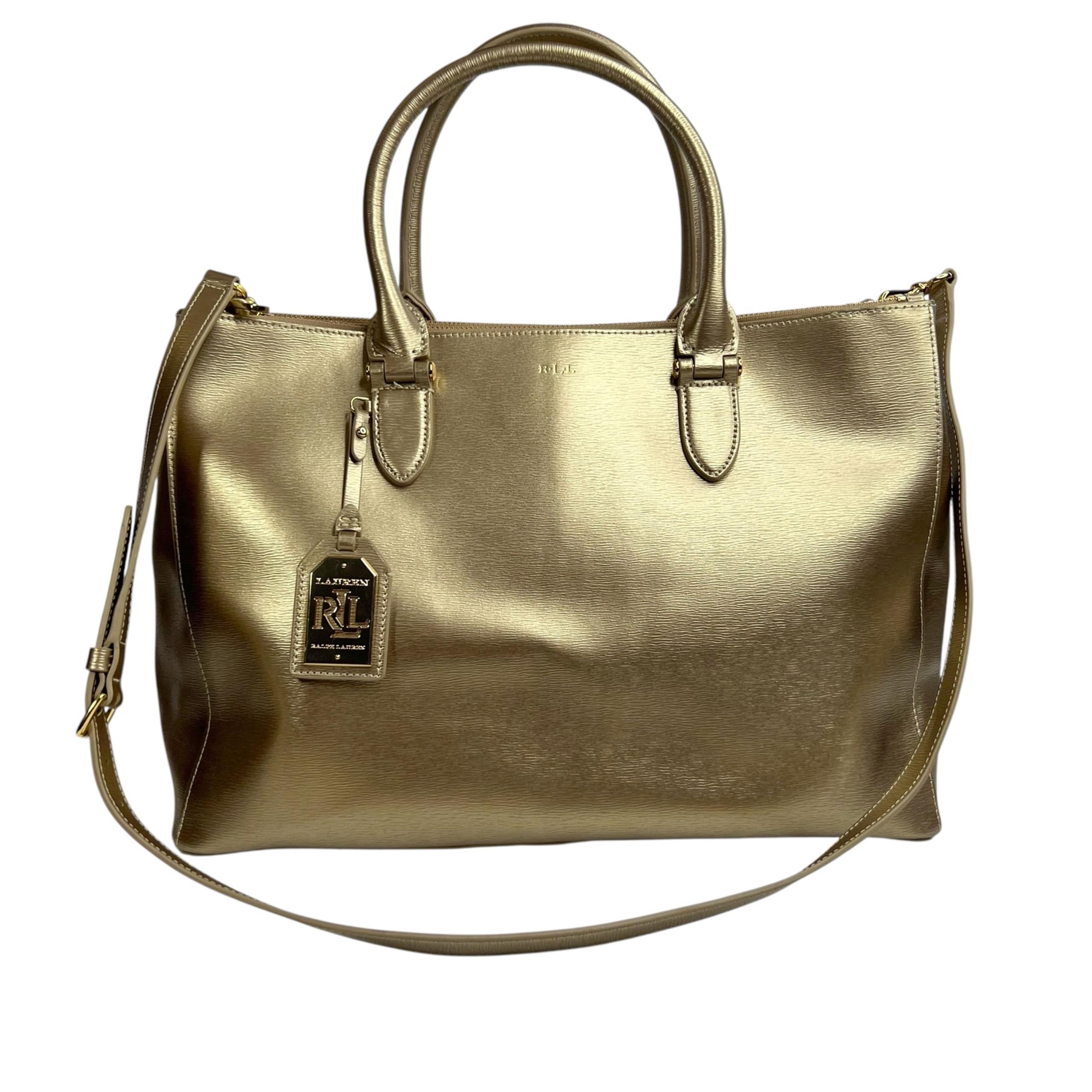 Lauren Ralph Lauren Newbury Metallic Gold Double Zip Satchel Tote Bag Leather
