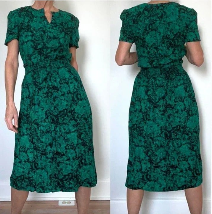 NEW NWT VINTAGE VIRGO II Green Black Floral Short Sleeve Midi Fit Flare Dress 10