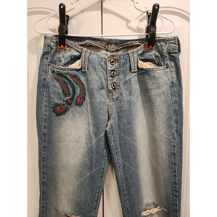 WOMEN'S SZ 29 HIPPIE EMBROIDERED BUTTON FLY LOW RISE BELL BOTTOM 70'S 80'S LOOK