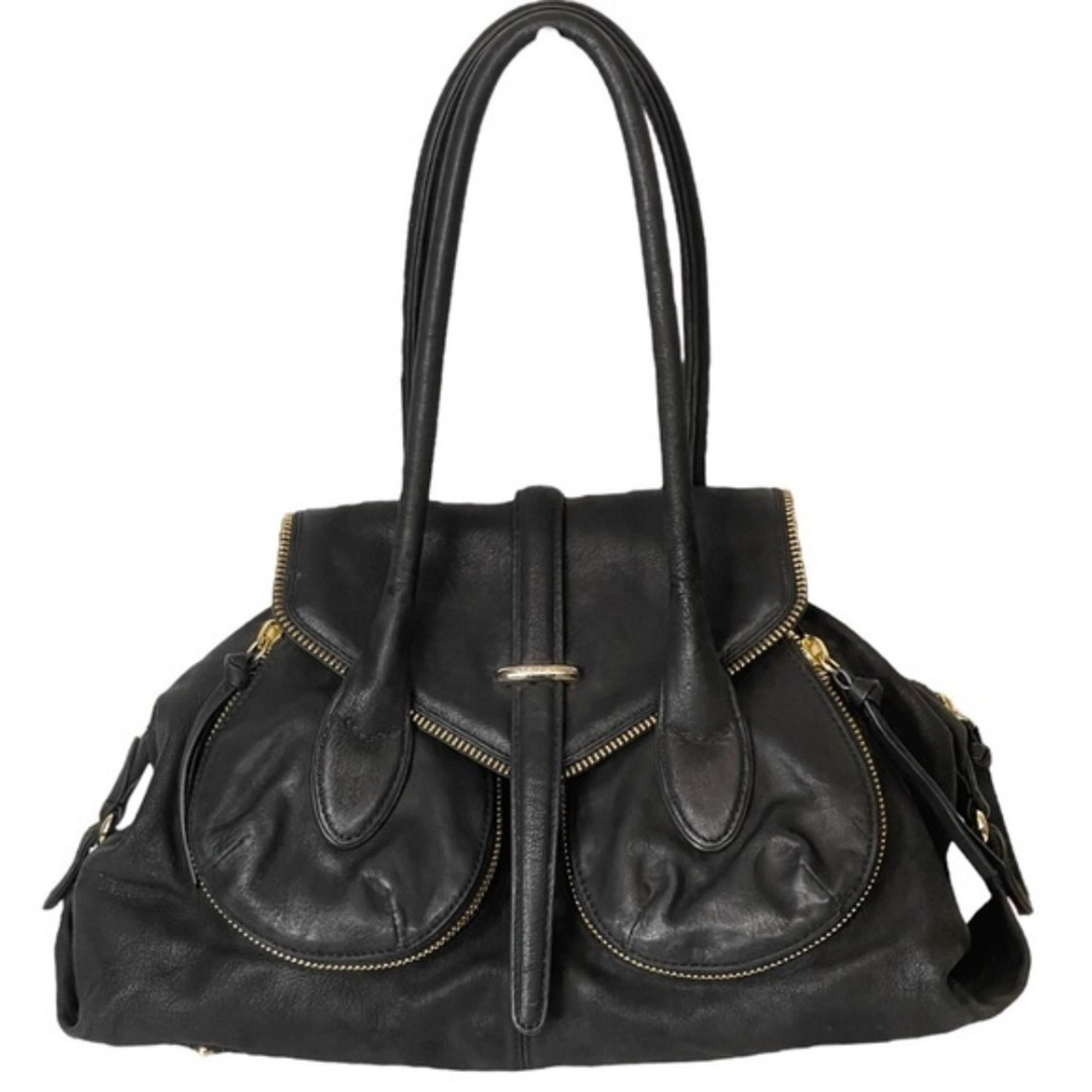 Botkier Black Leather Gold Hardware Zipper Accent Satchel Bag