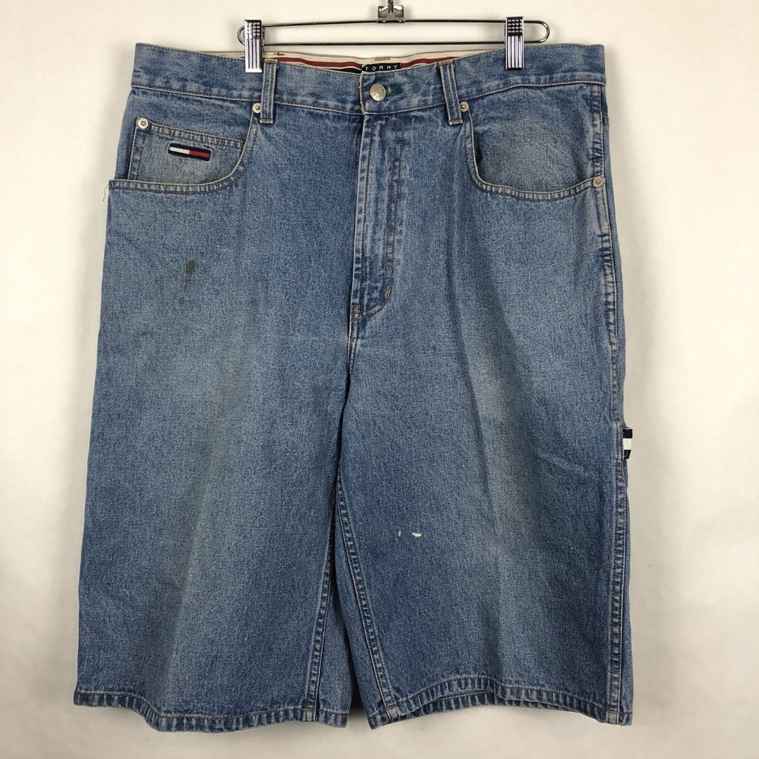 Vtg Tommy Hilfiger Shorts Sz 35 Jean Spell out Flag Embroidered Zip Pocket