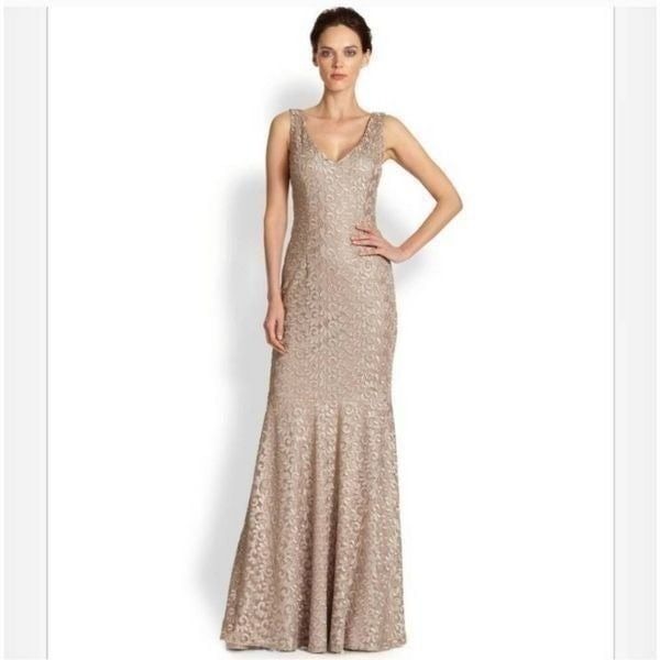 NWT David Meister Elegant Nude Tan Embroidered Mermaid Gown 8