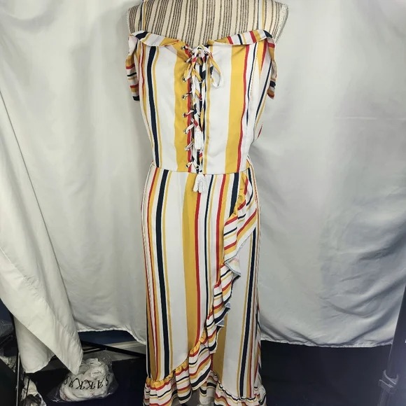 Fashion to Figure Multi Stripe Adjustable Strap Ruffle Maxi Dress Plus Size 2=2X