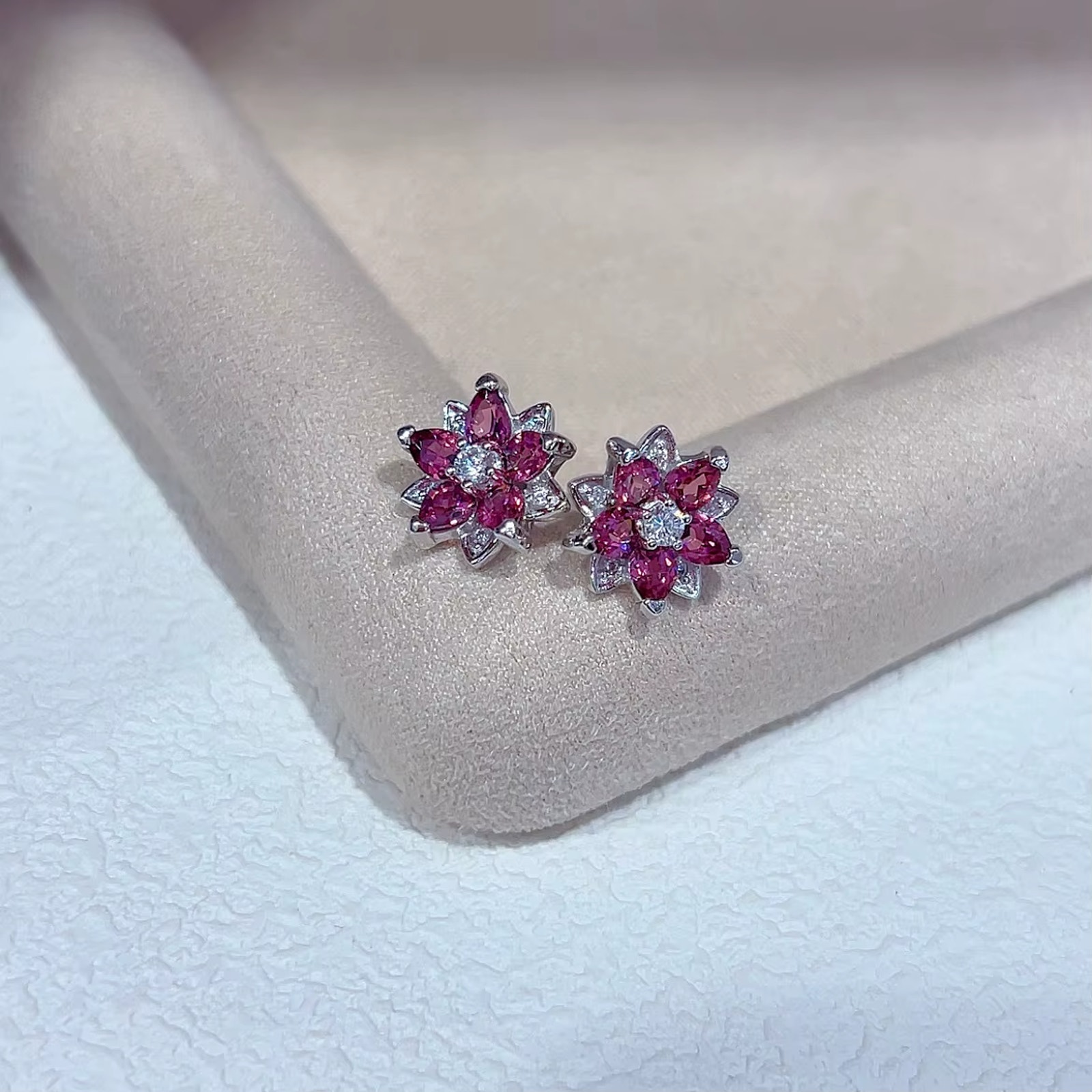 Natural Rhodolite Garnet Stud Earrings, Pink Garnet Earrings 925 Sterling Silver