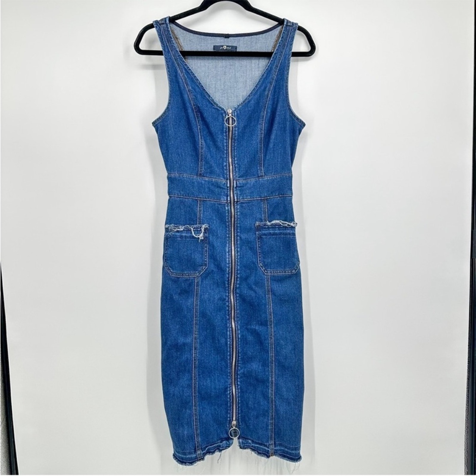 7 For All Mankind 7FAM Denim Blue Jean Zipper Front V Neck Midi Dress XS