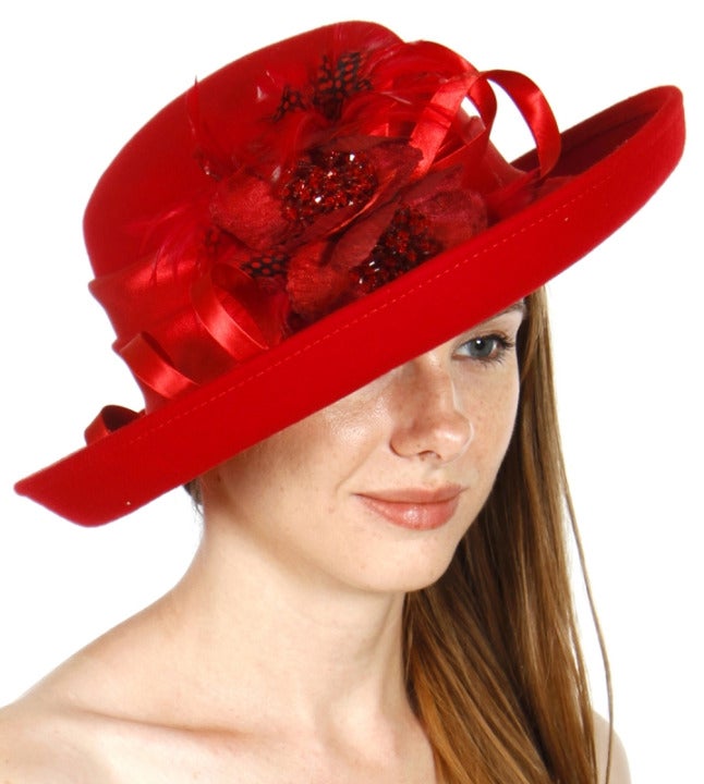 Embellished feathers curled up brim hat