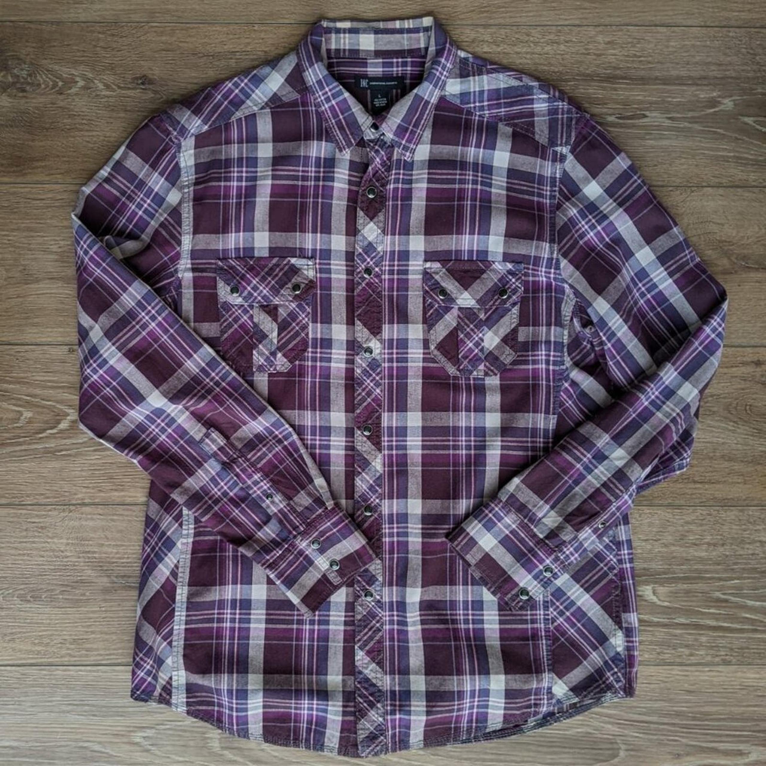 INC Men's Western Snap Button Long Sleeve Shirt - Purple & Grey Plaid - Large