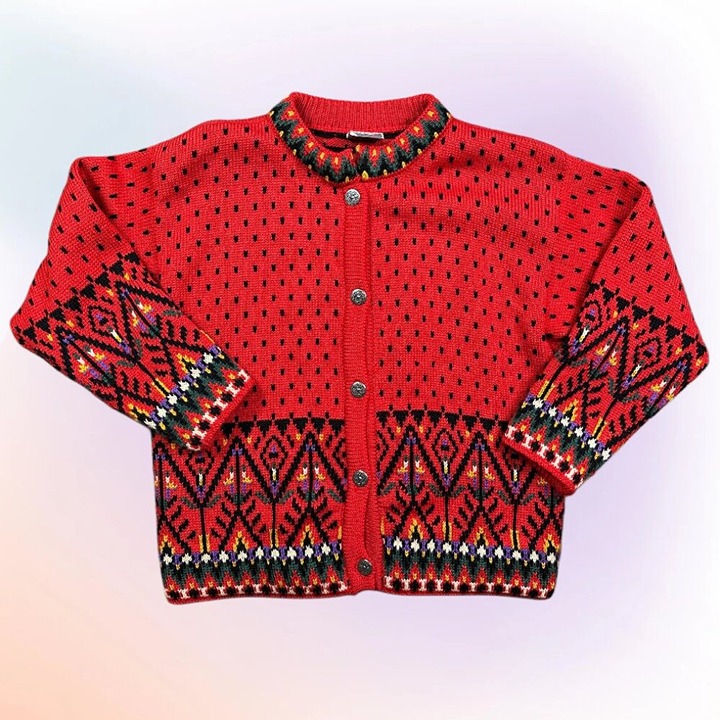 Vintage Dale of Norway Bright Red Nordic Cardigan Cottage Wool Sweater Small