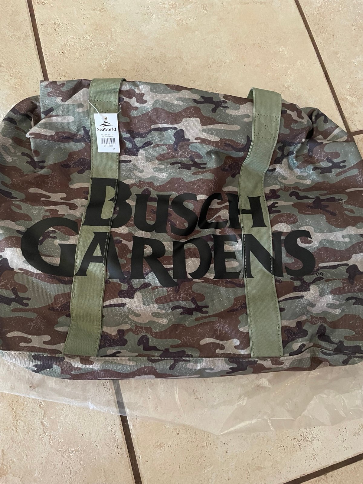 Large camo Busch Gardens duffle bag New with tags