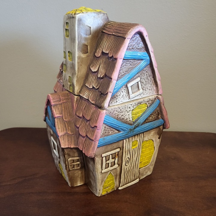 Vintage European Cottage House Cookie Jar Chalet Shake Roof Chimney Canister
