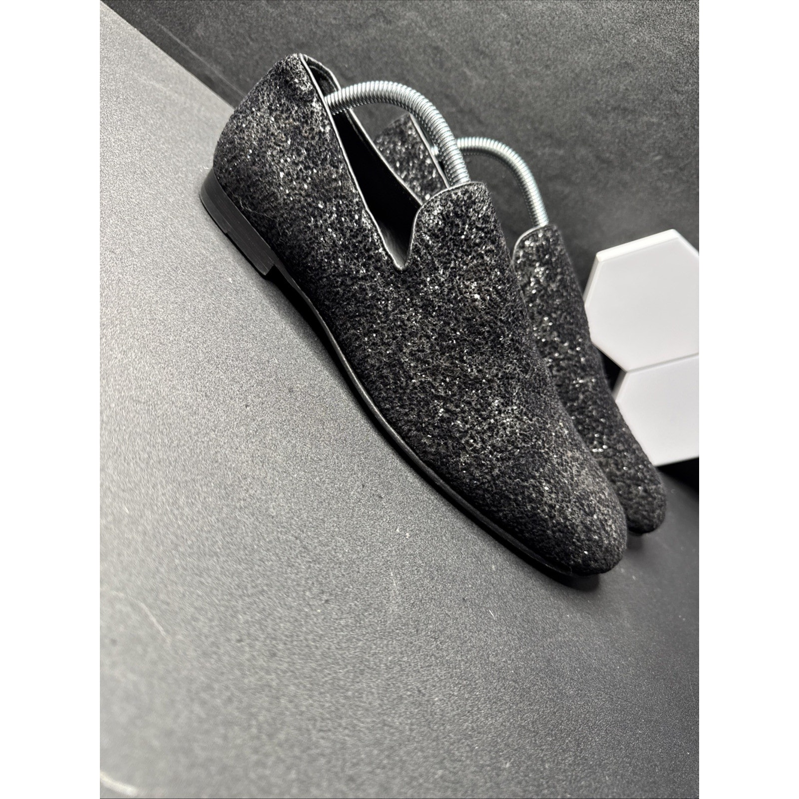 AUTHENTIC JIMMY CHOO Men's Thame Black Coarse Glitter Slippers (EU 41