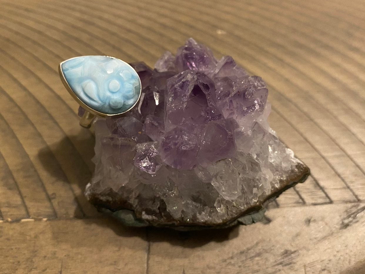 Larimar carved flower sterling ring