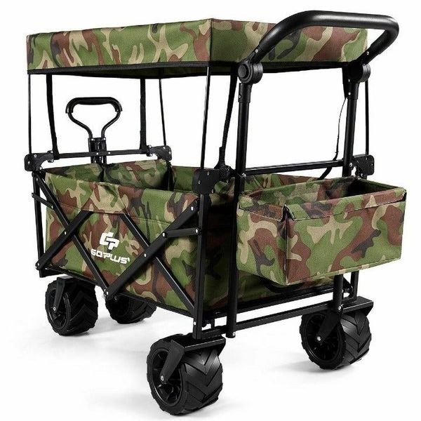 Collapsible Folding Wagon Cart W/ Canopy Outdoor Utility Garden Trolley Buggy