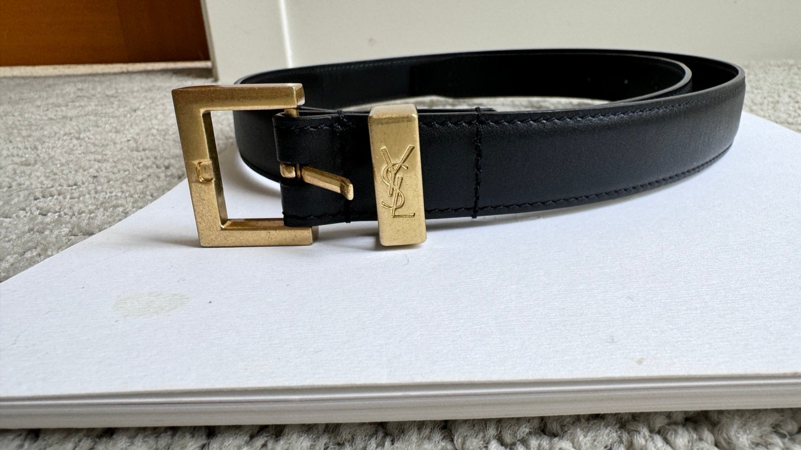 Yves Saint Laurent YSL Women Authentic Black Belt Leather Gold Buckle 85