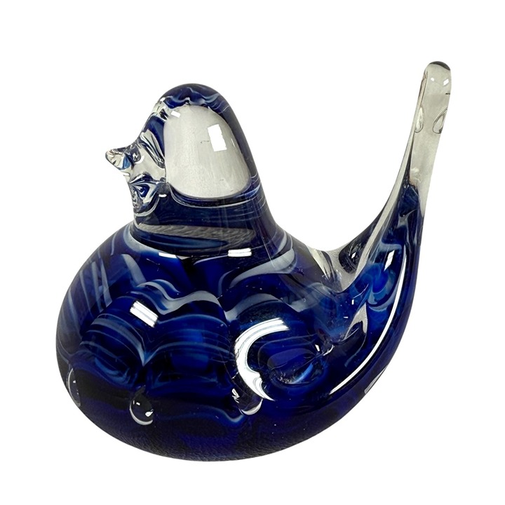 Joe Rice Blue And White Bird Glass Ribbon Controlled Bubbles Paperweight Signed