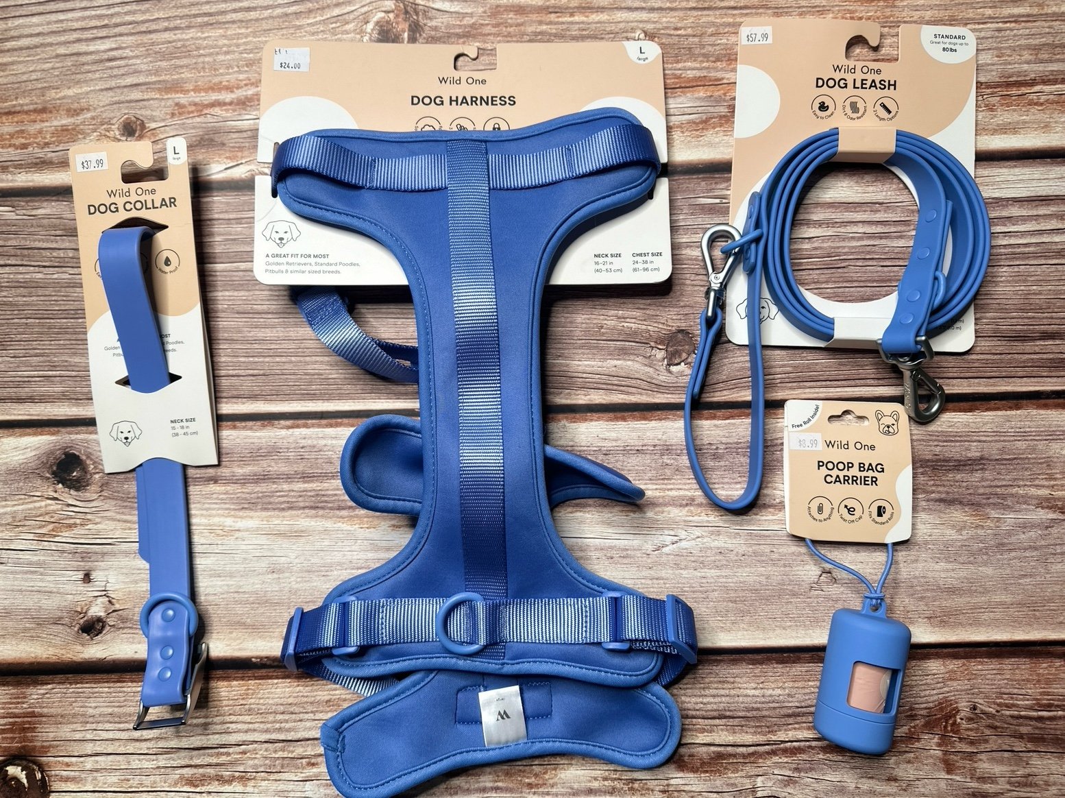 L- Wild One Dog Collar, Leash, Harness and Poop Bag Carrier NWT Blue