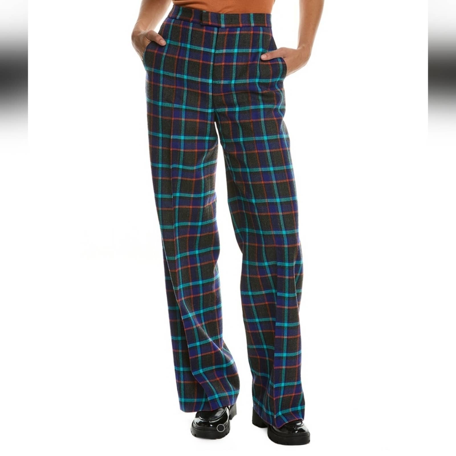 Missoni Virgin Wool Plaid Wide Leg Bootcut Pants Size IT40 US 4 Small Blue Black