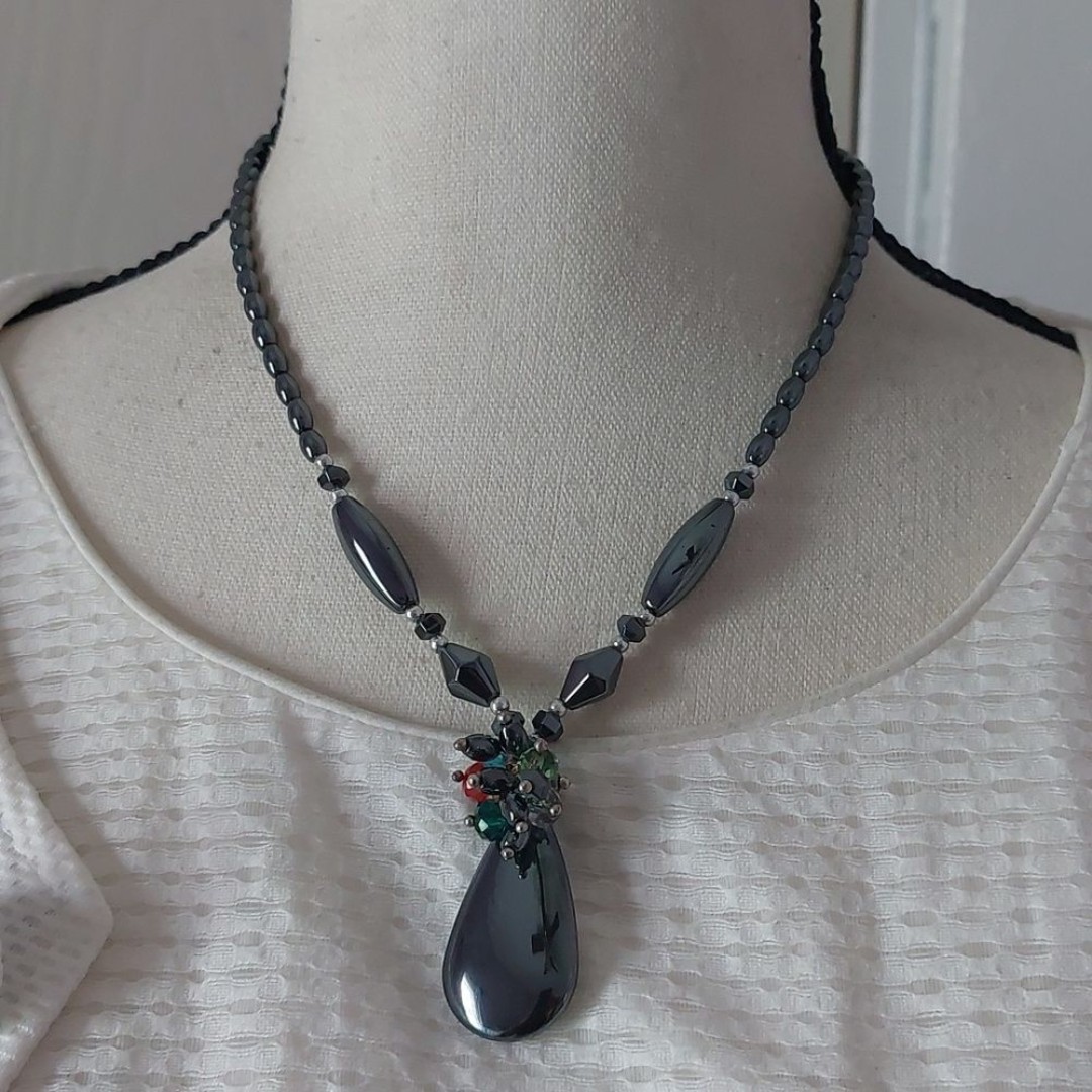 Vintage Non Magnetic Hematite Necklace with Teardrop Pendant and Bead Cluster