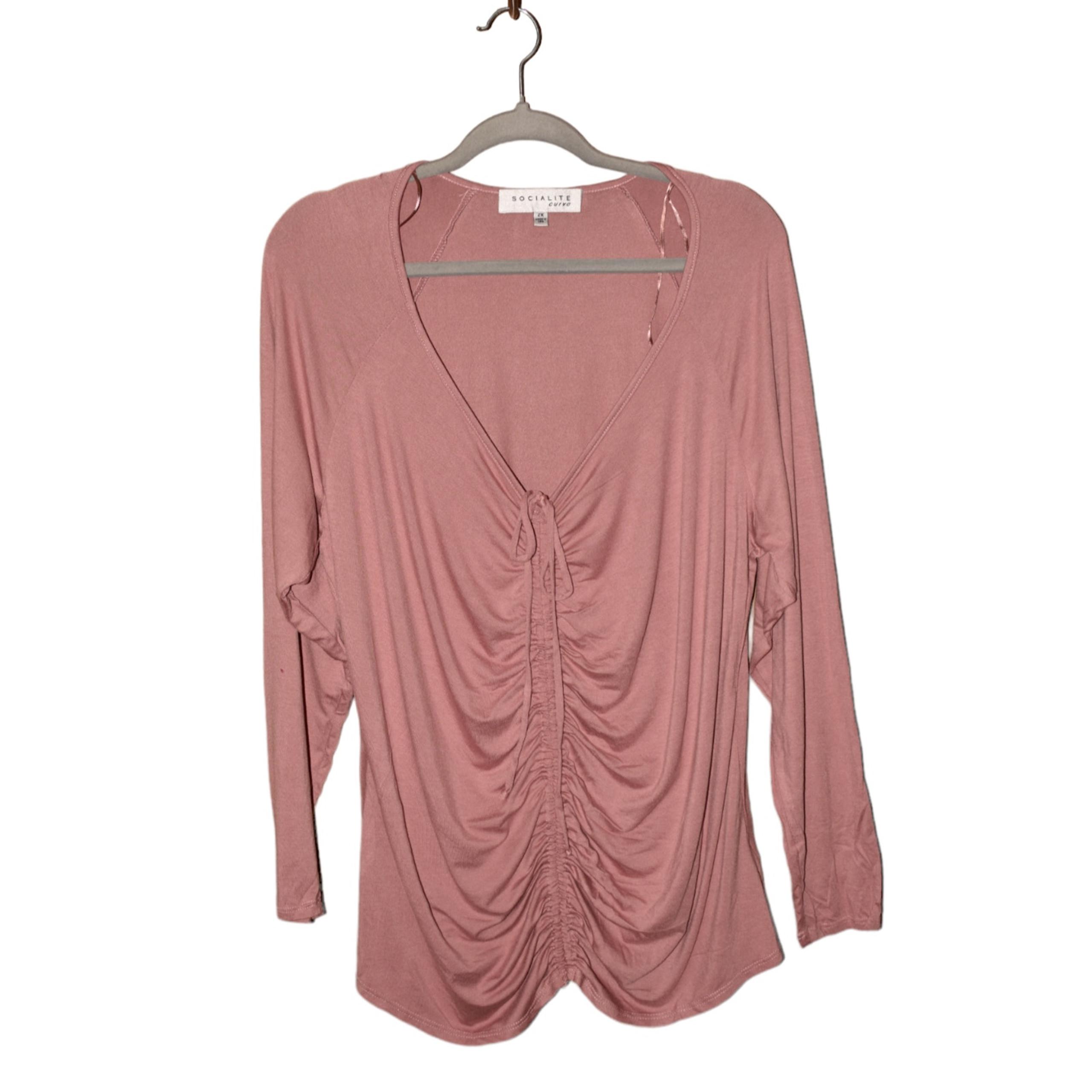 SOCIALITE CURVE NEW $49 Long Sleeve Ruched V-Neck Top in Mauve 1X