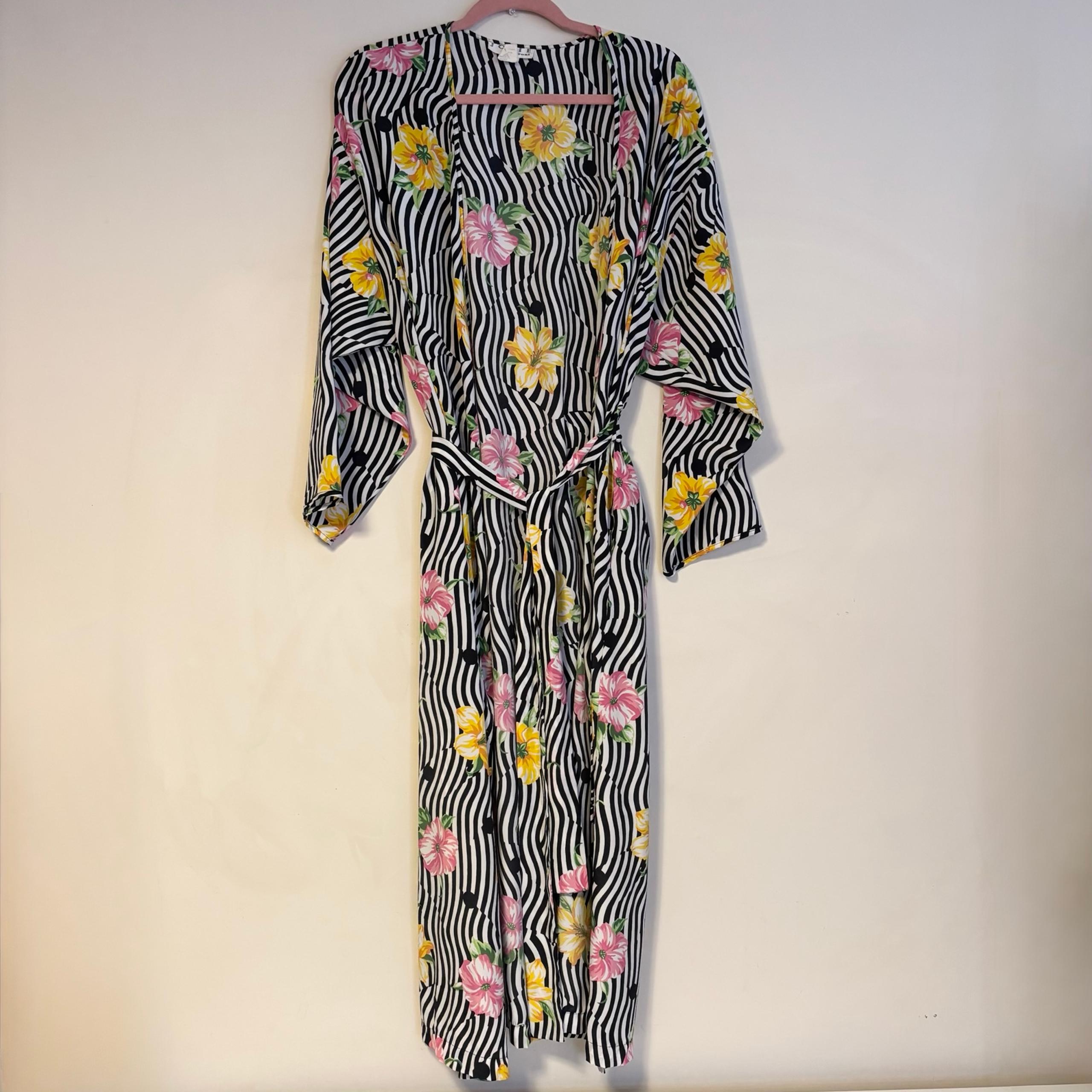 Josie by Natori Silky Satin Lightweight Kimono Robe Stripes Floral Size Large