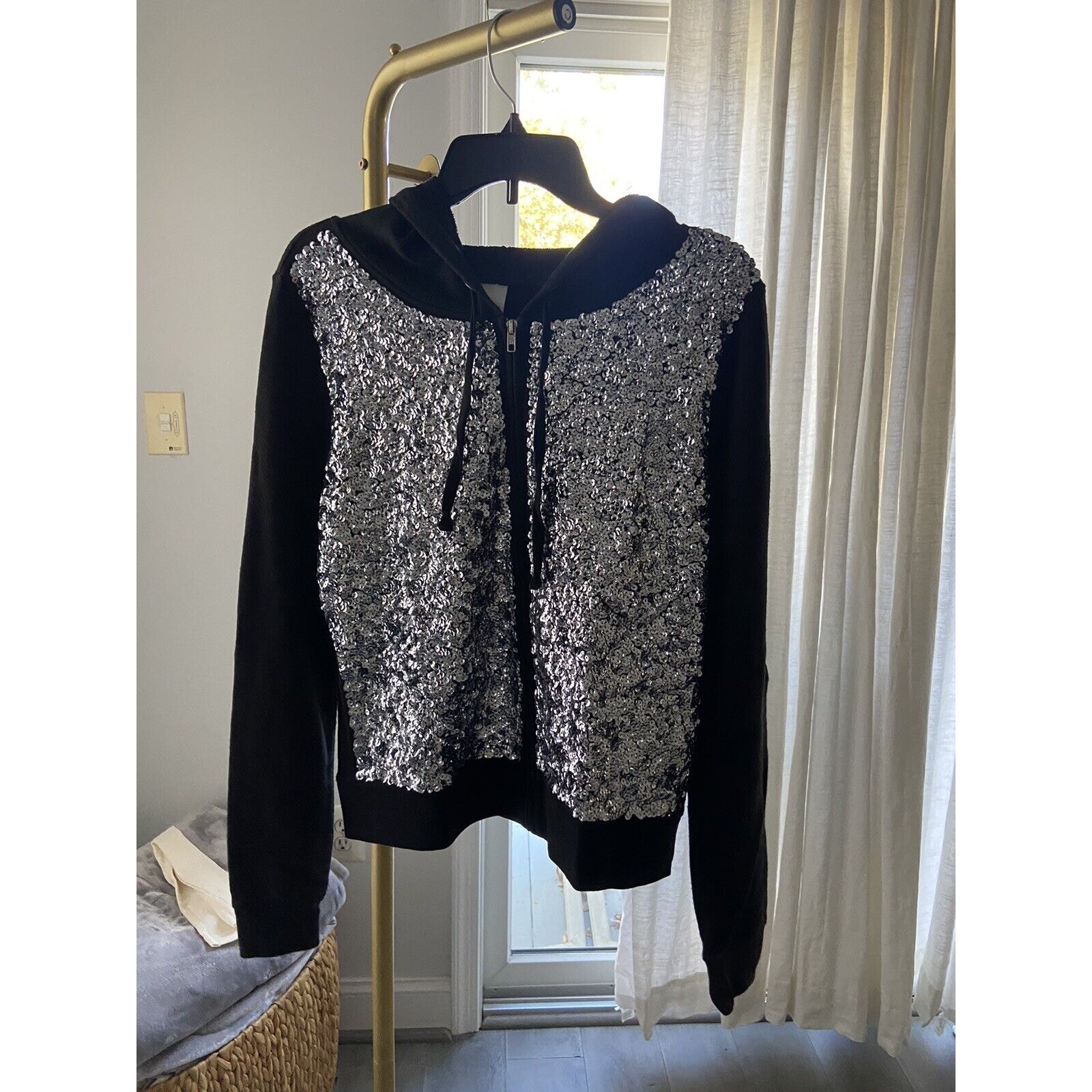 Victoria’s Secret PINK Mega Bling Full Zip Hoodie Black/Silver Sz Medium RARE