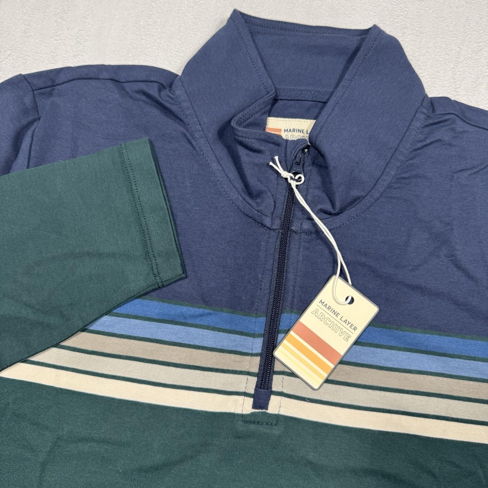 Marine Layer Archive Men's Chest Stripe Quarter Zip Shirt Green Men's Sz S NWT