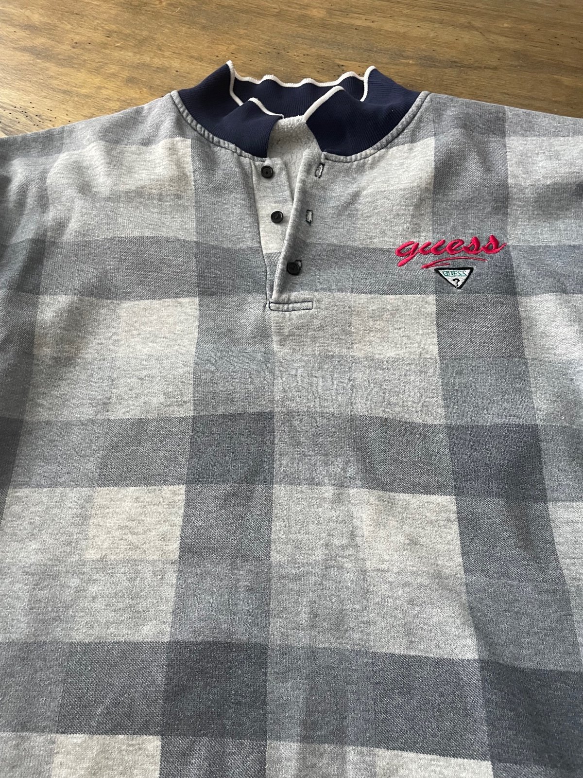 Vintage 80s Men Pullover Guess Triangle Plaid Collar XL