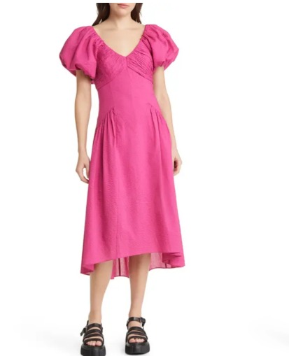NWOT FRAME Women's Size Medium Puff Sleeve Midi Dress Fuschia