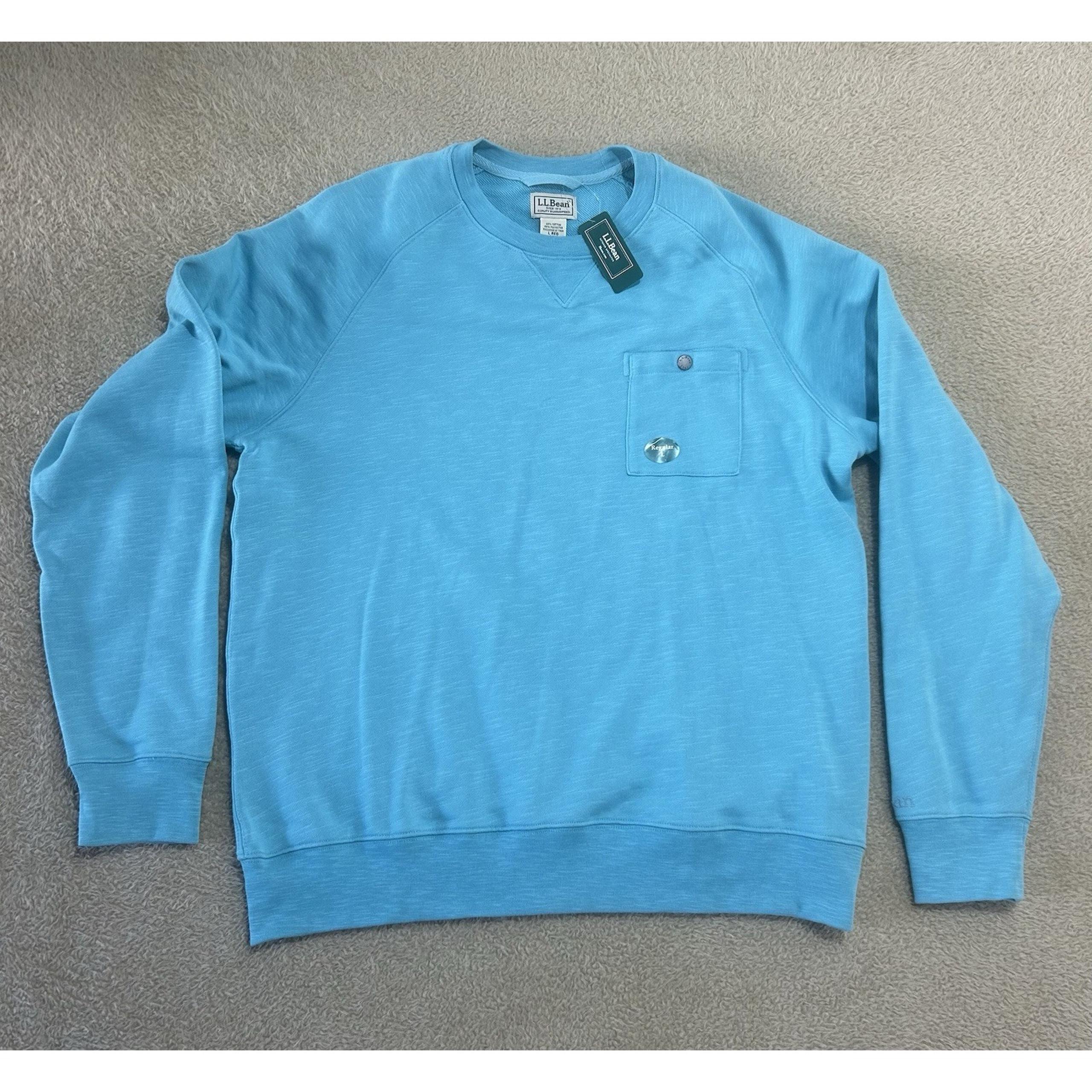LL Bean Sweatshirt Mens Large Sea Blue Knit Lakewashed Crewneck Chest Pocket