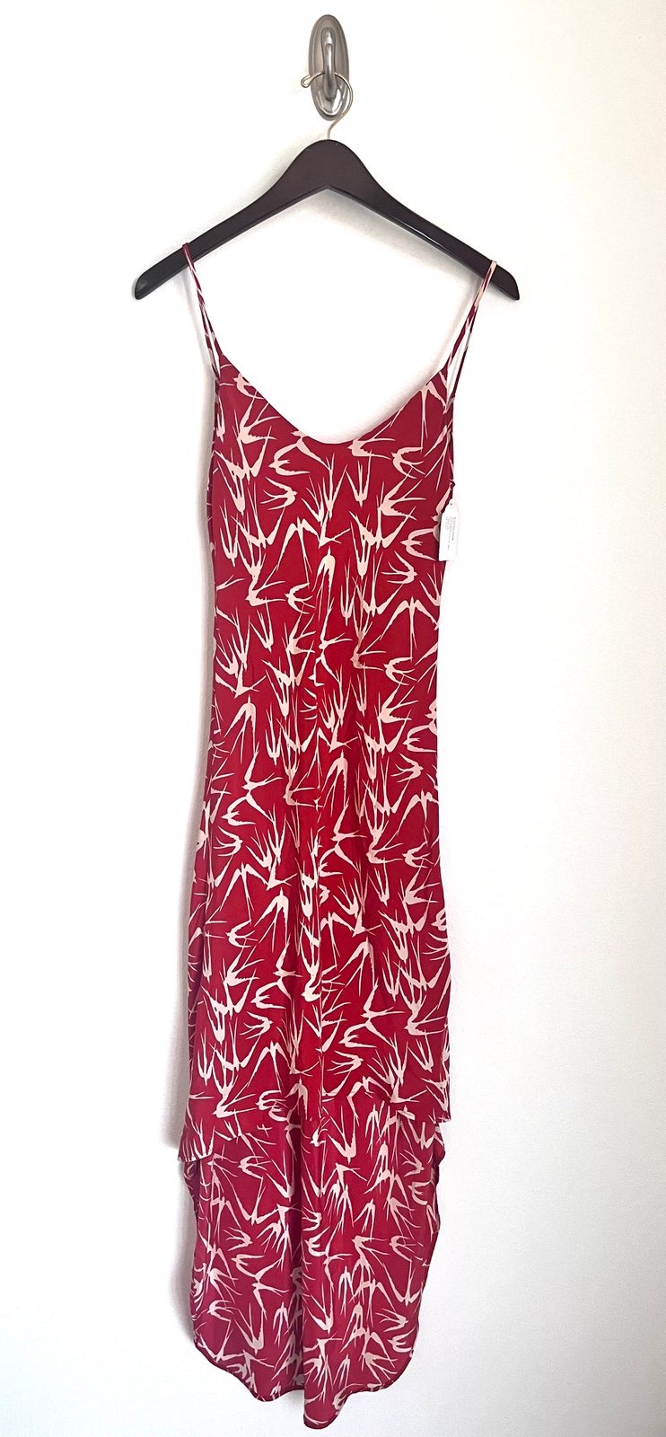 BLU Moon Bias Red Bird High Low 100% Silk Maxi Dress Sz Small Brand New w/Tags