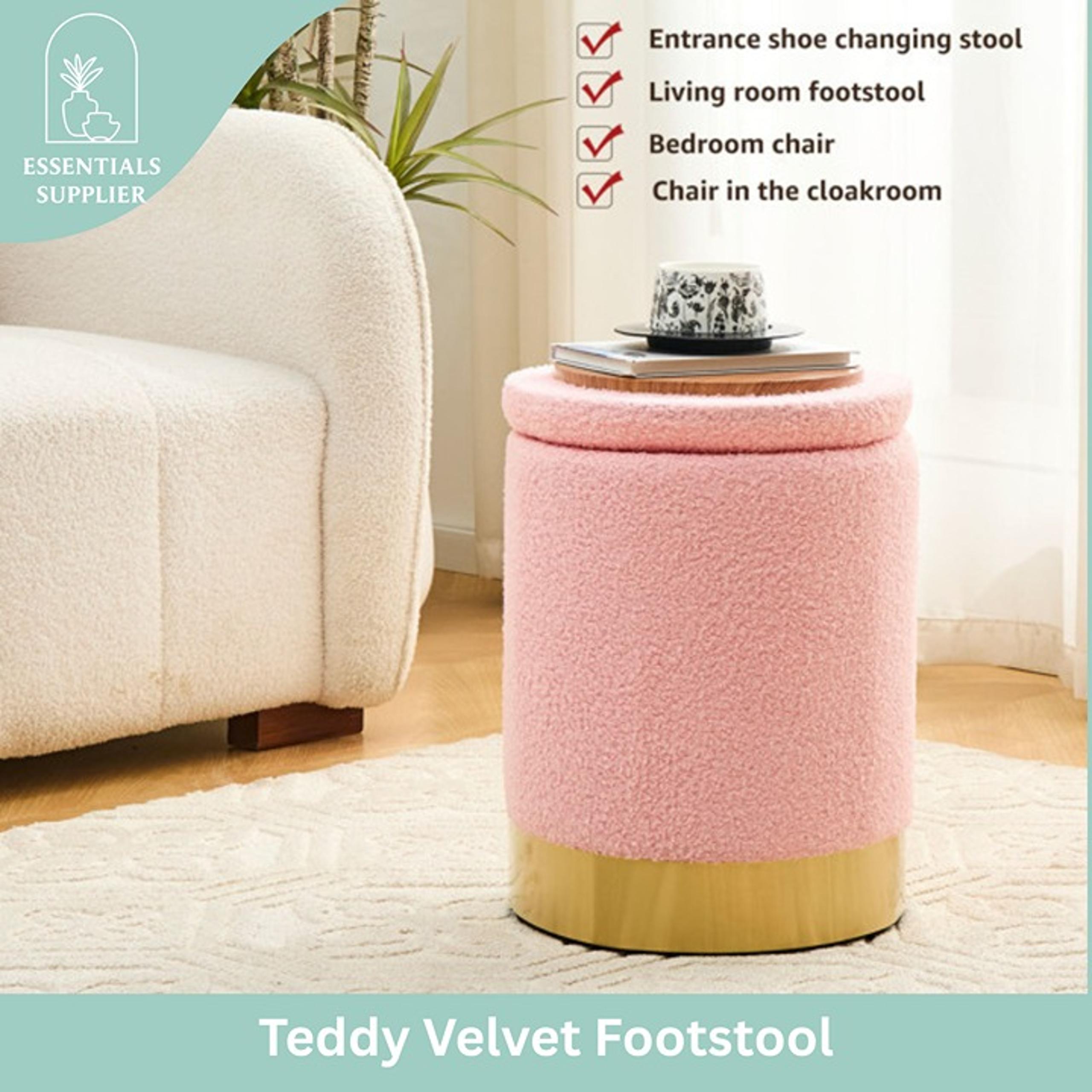 Teddy Velvet Round Ottoman Stool with Storage, Padded Seat, Metal Base, Pink