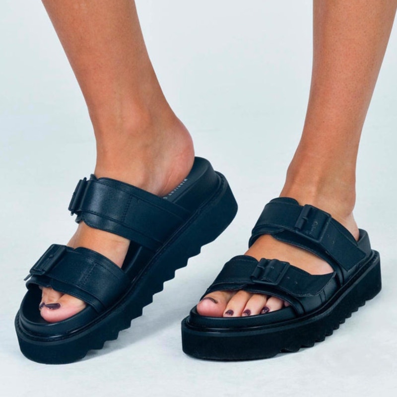 Princess Poly MA belle vegan leather platform double stral buckle sandals black