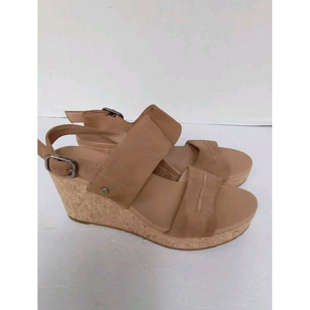 Wedge Sandals Suede Leather Ankle Strap Cork Platform Tan Size 8