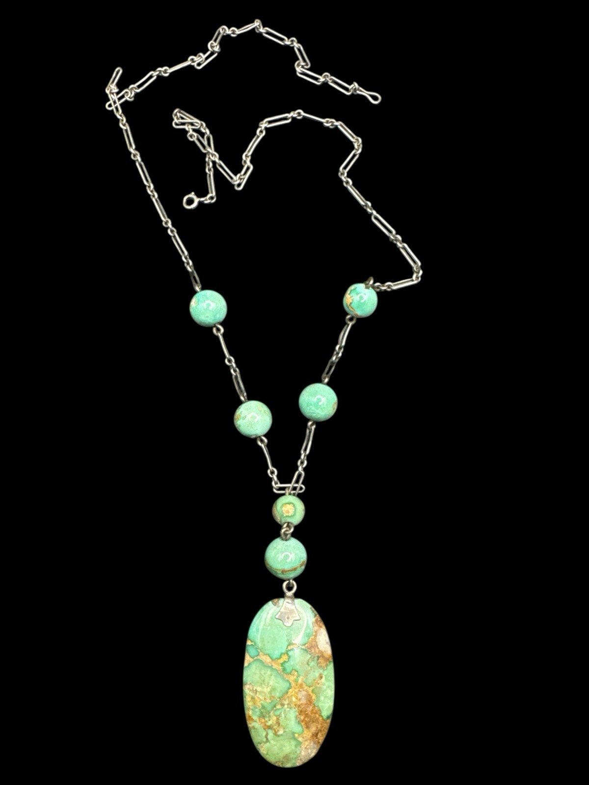 Vintage Sterling Silver Paperclip Chain Art Deco Sonoran Turquoise Lariat 26”