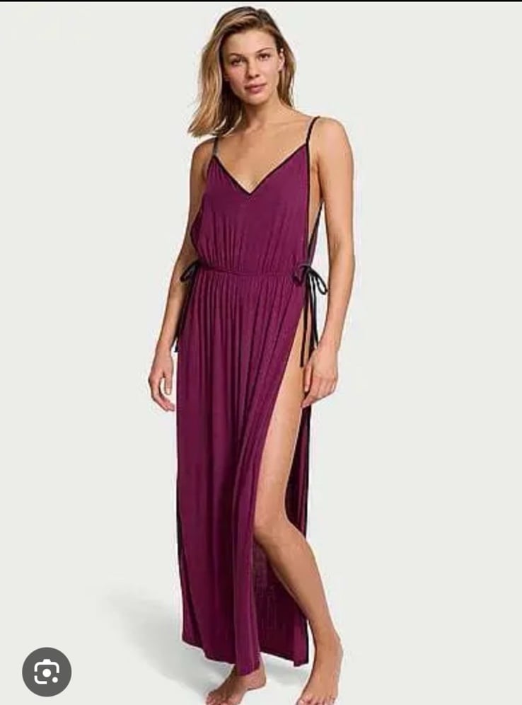 Victoria’s Secret Ribbed Modal Velvet-Trim Long Slip Dress