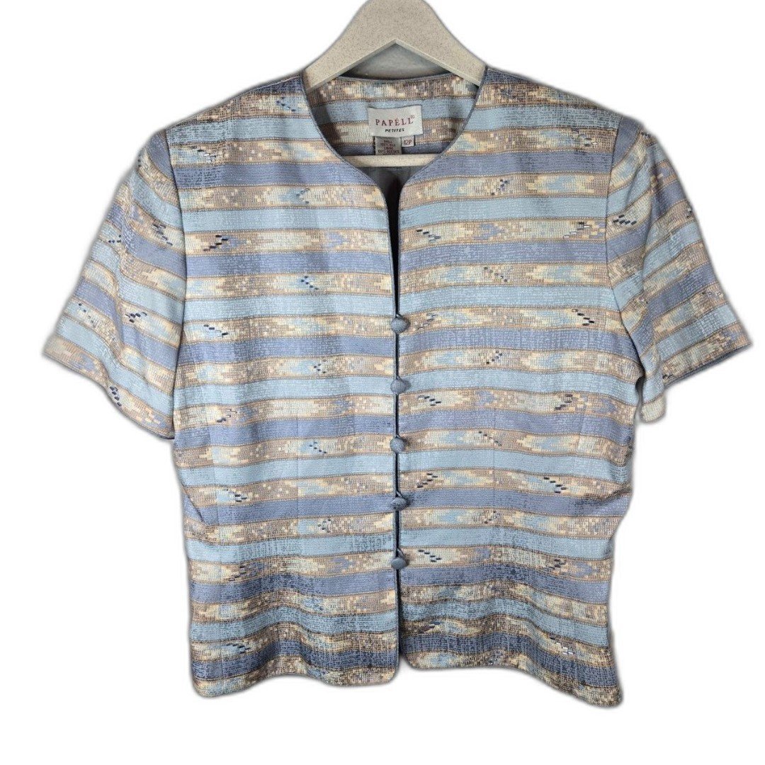 Adrianna Papell Women's 100% Silk Blue and Tan Short Sleeve Button Up Size 12P