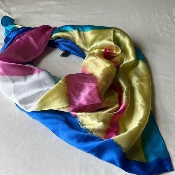 100% Silk Square Scarf Abstract Rainbow Color Block Blue Yellow Pink Boho Summer