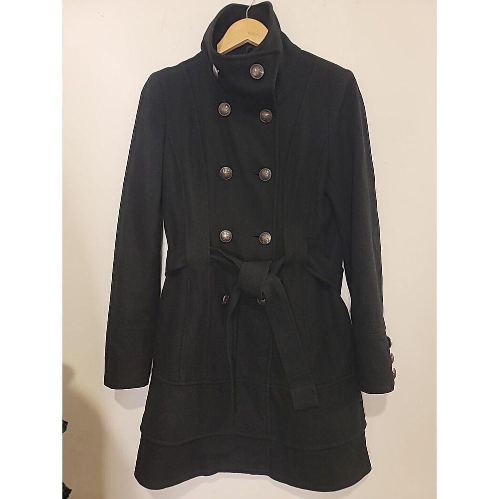 New York & Company Double Breasted Wool Blend Topcoat Small Belted Peacoat Metal