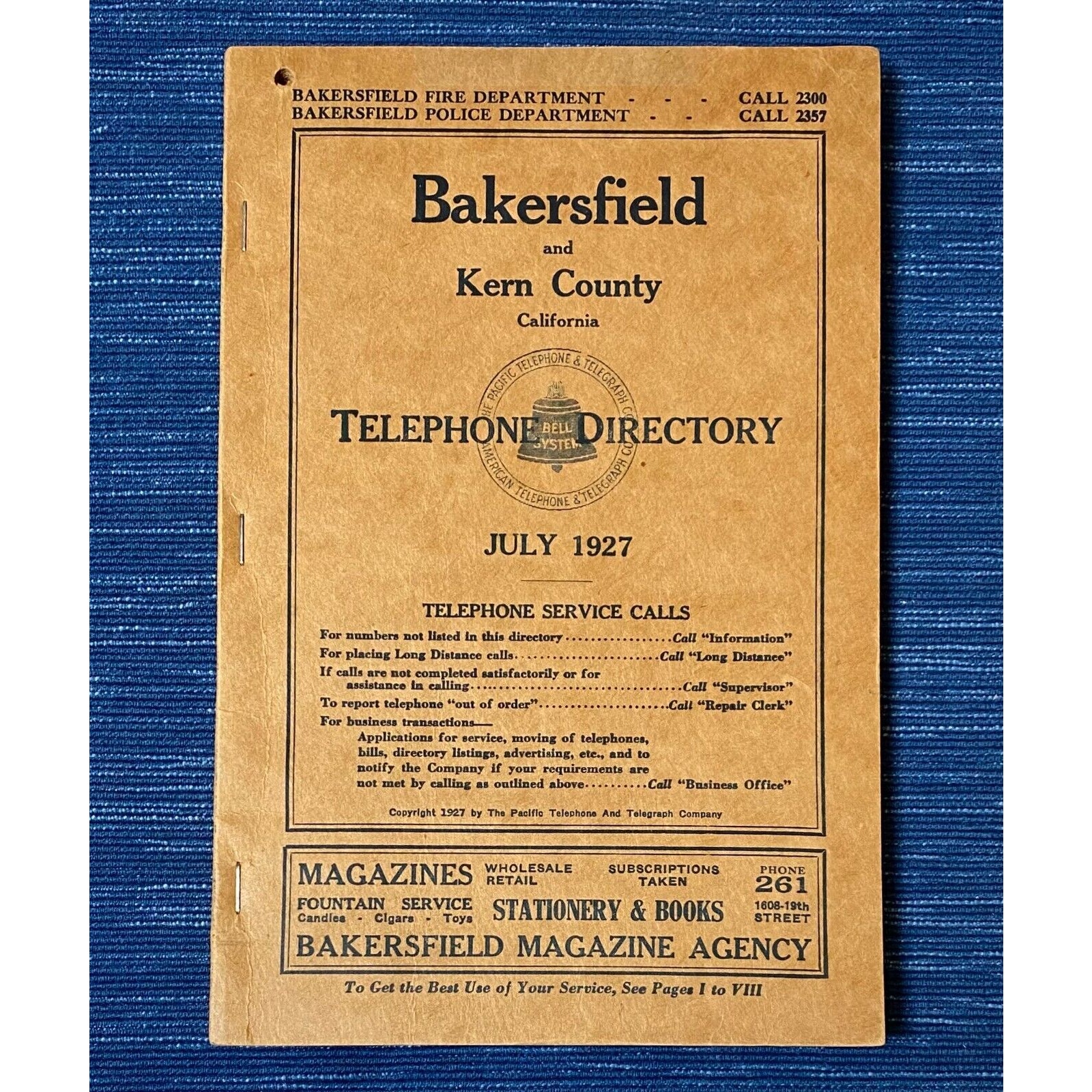 VTG 1927 Bakersfield Kern County CA Business Directory Phone Book Advertising