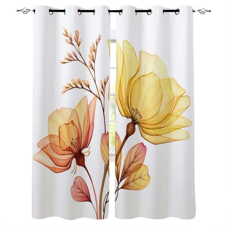 Blackout Curtains for Bedroom Watercolor Flower Yellow Painting Grommet Window