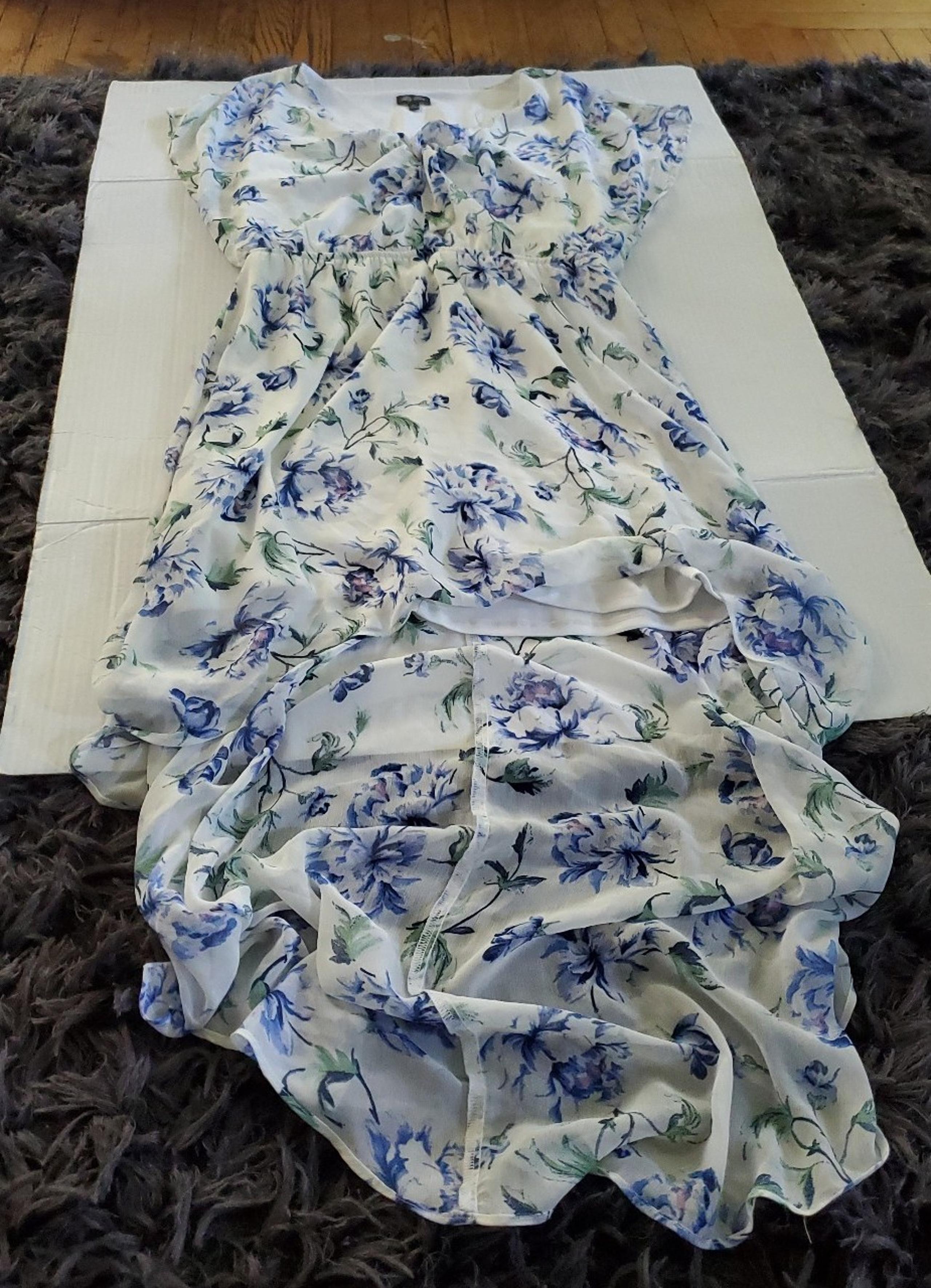 Lily Rose Floral Flutter Sleeve Sheer Lined High Low Hem Blue White Size XL