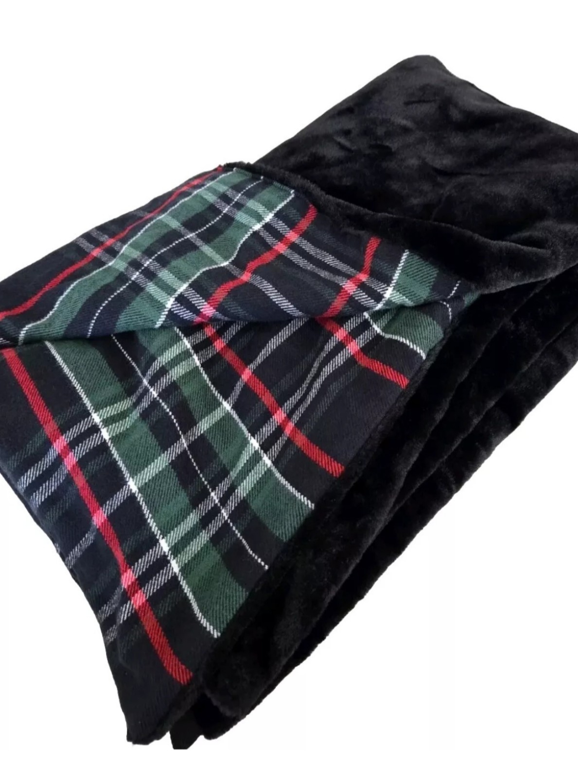 Brooks Brothers Tartan Plaid Faux Fur Black Reversible Blanket Throw 49 x 60 In