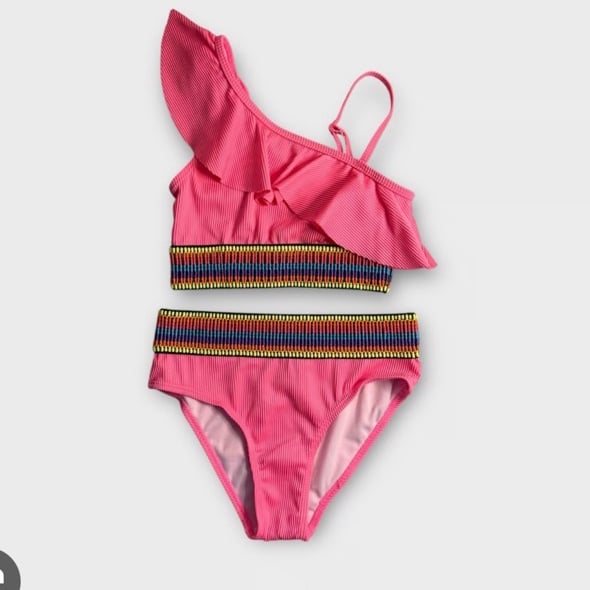 Betsey Johnson 12 Girls Bikini Swimsuit decorative elastic in pink multi NWT
