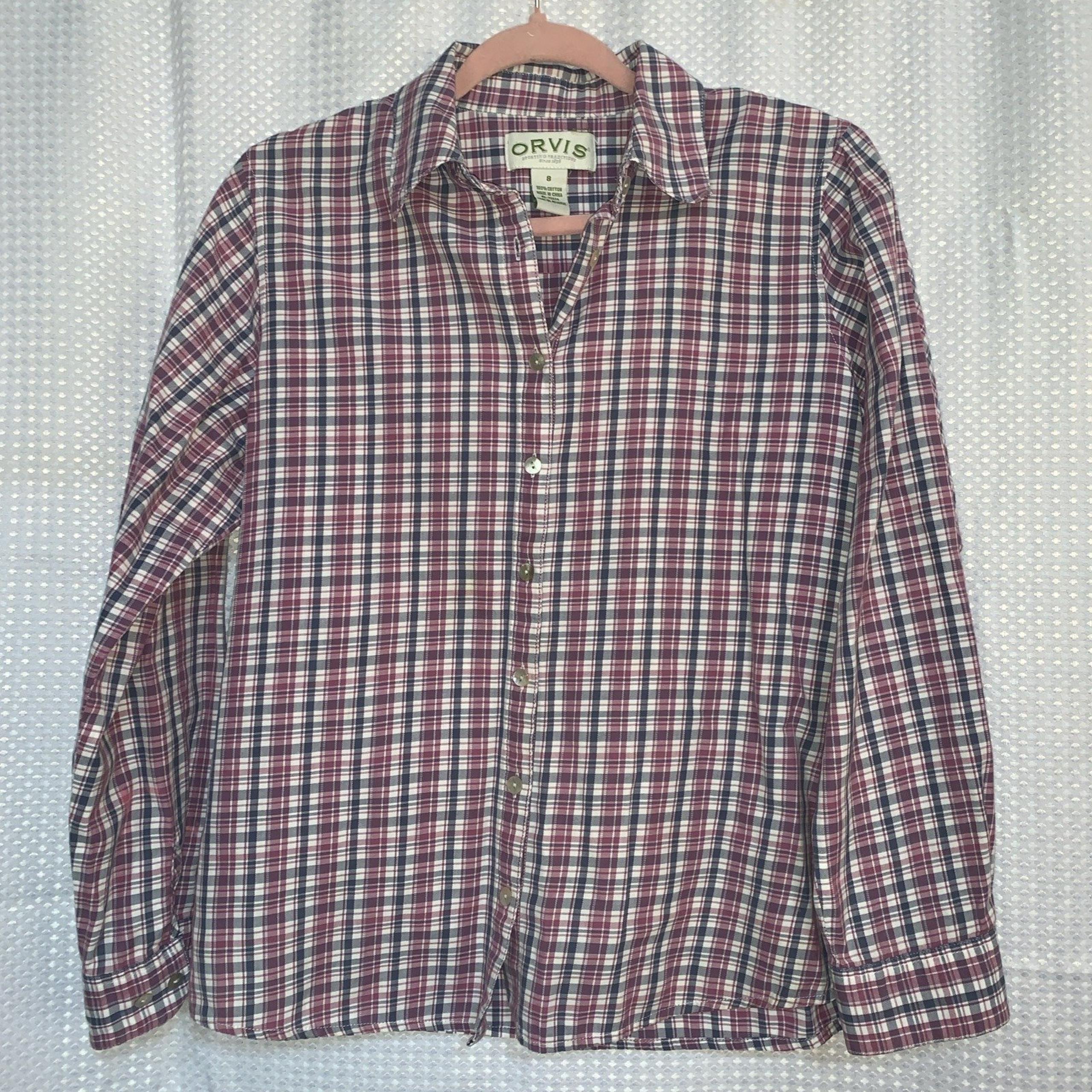 Orvis Womens Size 8 Purple Plaid Long Sleeve Blouse
