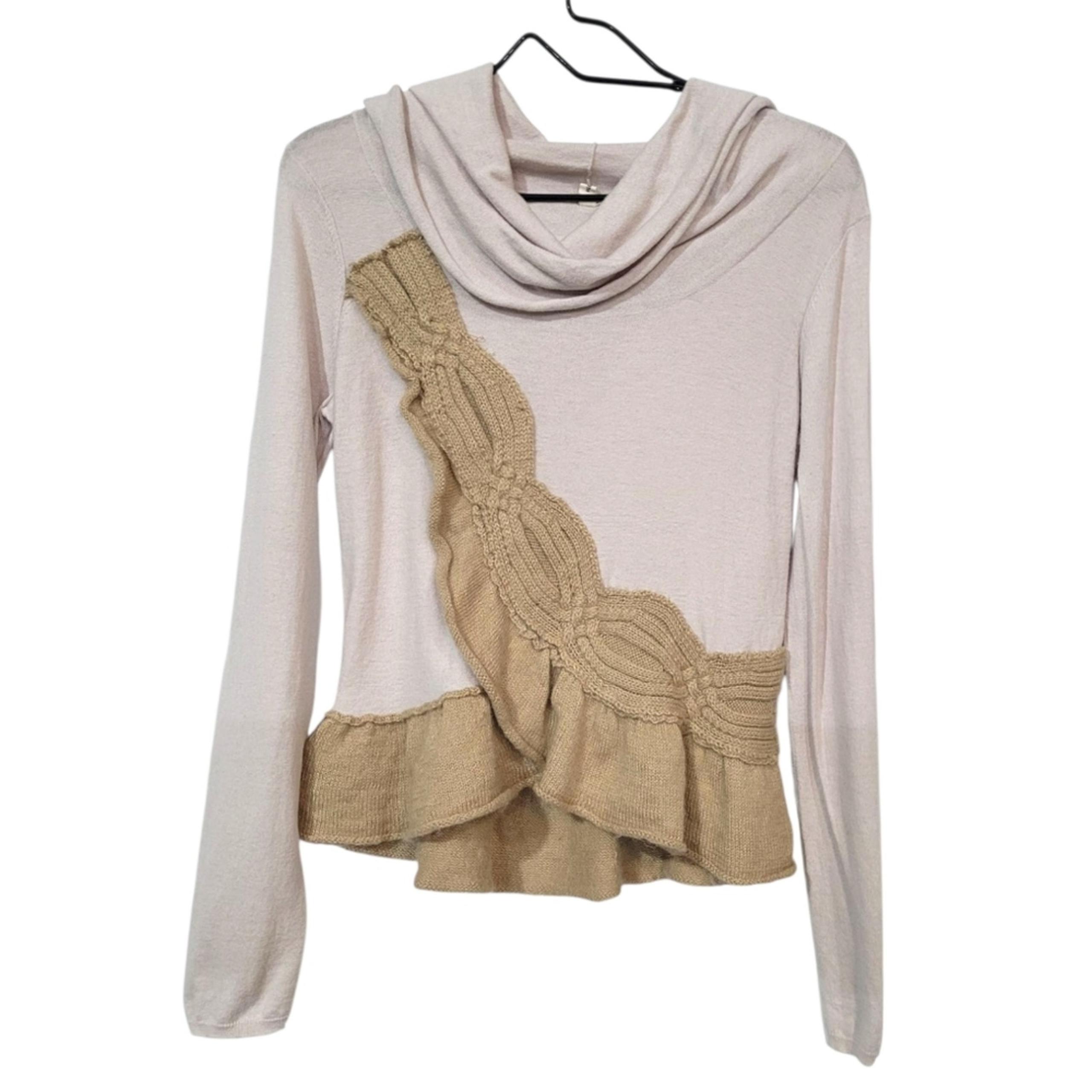 Anthropologie Moth SZ M Cashmere Blend Cowl Neck Ruffle Sweater Cream Tan Boho