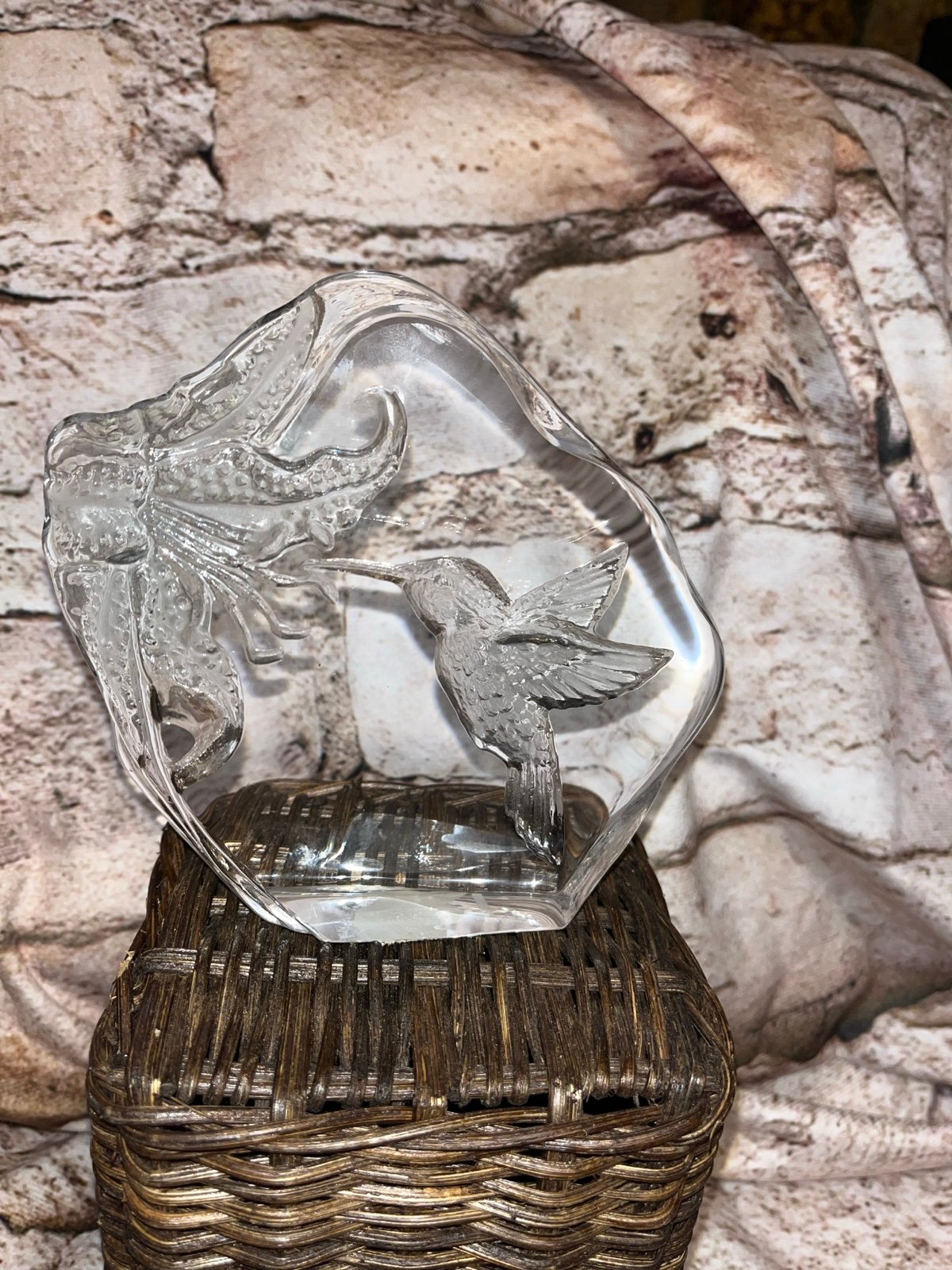 Hummingbird. Flower. Glass Paperweight. Decor. Intaglio Art Glass. Gift.